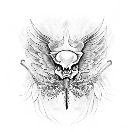 pig skeleton, long tusk, large wings, flames tattoo design idea