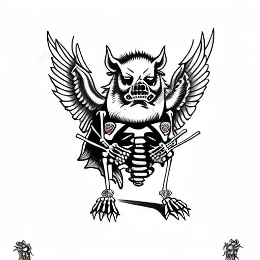 Hog skeleton standing up with wings tattoo design idea
