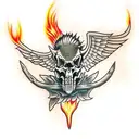 Hog skeleton with tusk standing up with wings and flames surrounding  tattoo design idea