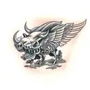 Hog skeleton with tusk standing up with wings and flames surrounding  tattoo design idea