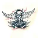 Hog skeleton with tusk standing up with wings and flames surrounding  tattoo design idea