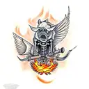 Hog skeleton with tusk standing up with wings and flames surrounding  tattoo design idea