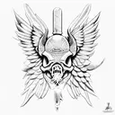 pig skeleton, long tusk, large wings, flames tattoo design idea