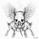 pig skeleton, long tusk, large wings, flames tattoo design idea