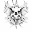 pig skeleton, long tusk, large wings, flames tattoo design idea