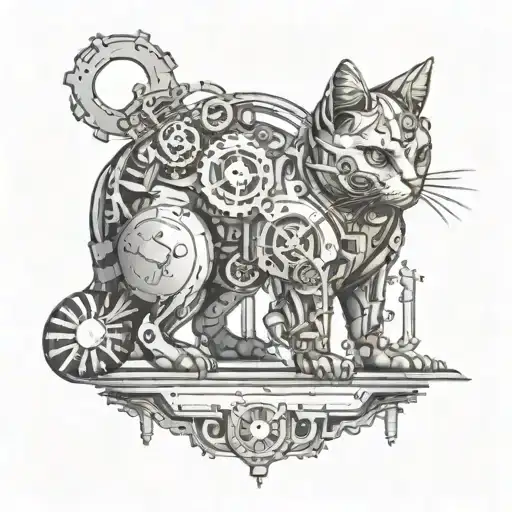 A futuristic steampunk cat with mechanical limbs and gears inspired by video game aesthetics tattoo design idea