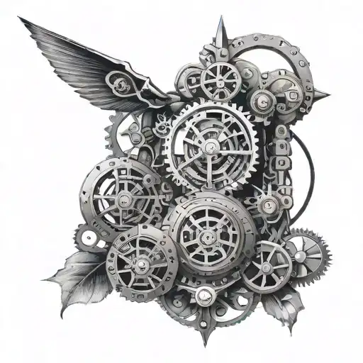 A combination of lies of p imagery with a steampunk twist, featuring mechanical elements and mysterious symbols tattoo design idea