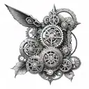 A combination of lies of p imagery with a steampunk twist, featuring mechanical elements and mysterious symbols tattoo design idea