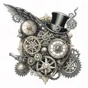 A combination of lies of p imagery with a steampunk twist, featuring mechanical elements and mysterious symbols tattoo design idea