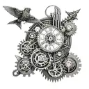 A combination of lies of p imagery with a steampunk twist, featuring mechanical elements and mysterious symbols tattoo design idea