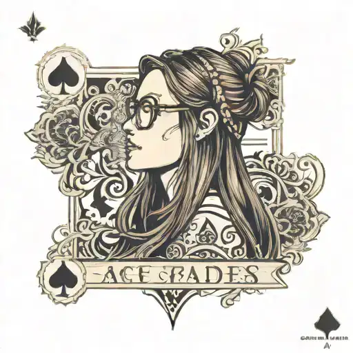 girl in profile with glasses, long straight brown hair, big nose, looks up, ace of spades card, text:QOS tattoo design idea