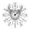 A clock face with a phoenix perched on top, surrounded by compass symbols tattoo design idea