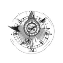 A clock face with a phoenix perched on top, surrounded by compass symbols tattoo design idea