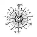 A clock face with a phoenix perched on top, surrounded by compass symbols tattoo design idea