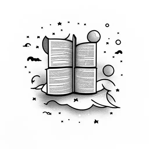 A whimsical night sky filled with floating books, each one representing a different story or chapter of your life tattoo design idea