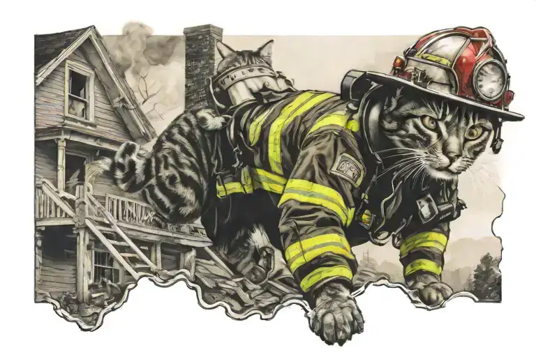 fireman rescuing cat from burning house tattoo design idea