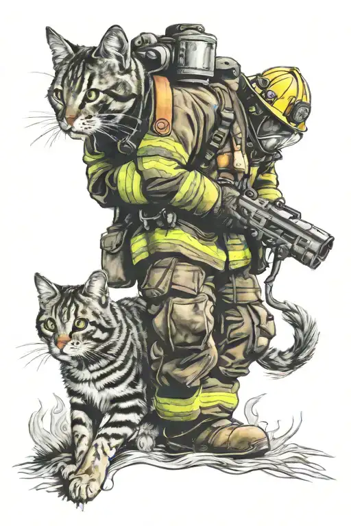 fireman rescuing cat from burning house tattoo design idea