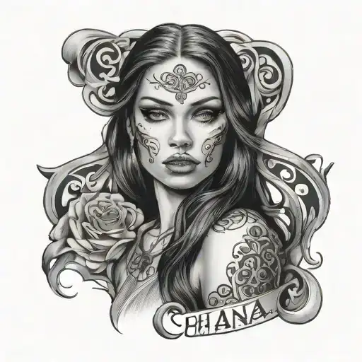 Chicana woman with blue eyes and blessed writing underneath formed by black trim tattoo design idea
