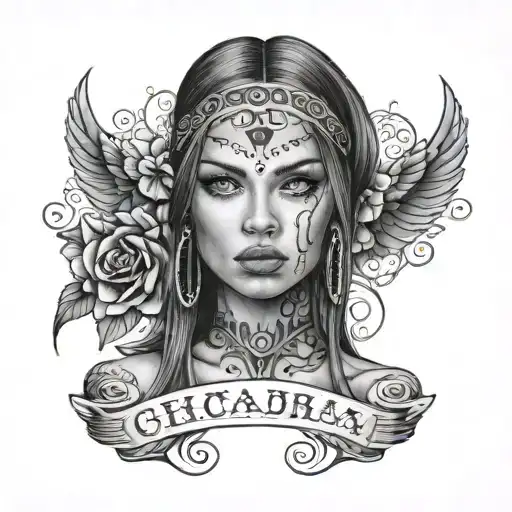 Chicana woman with blue eyes and blessed writing underneath formed by black trim tattoo design idea