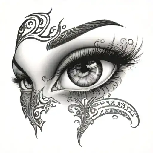 Chicana woman with blue eyes and blessed writing underneath formed by black trim tattoo design idea