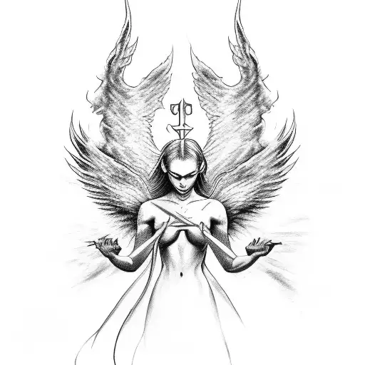 a painting of a war between angels and demons, with the angels descending from heaven on horses tattoo design idea