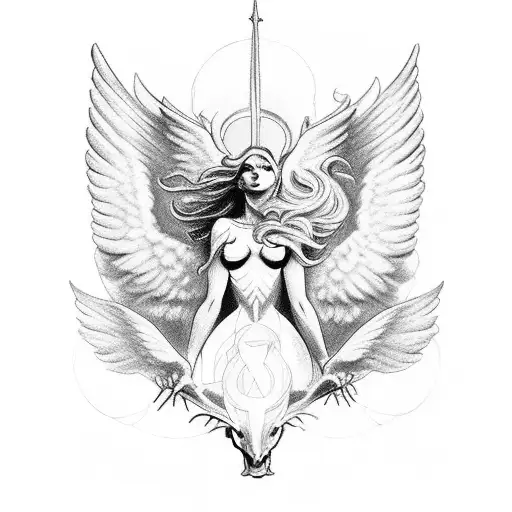 a painting of a war between angels and demons, with the angels descending from heaven on horses tattoo design idea