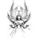 a painting of a war between angels and demons, with the angels descending from heaven on horses tattoo design idea