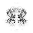 a painting of a war between angels and demons, with the angels descending from heaven on horses tattoo design idea