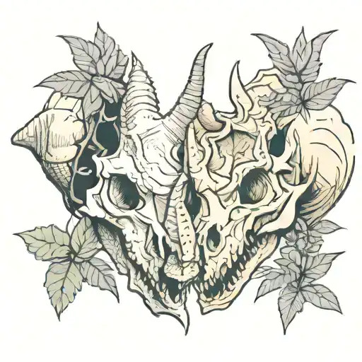 Minimalist tattoo portrait of Triceratops and Trex skulls looking each other. Behind there are plants from dinosaur age. tattoo design idea