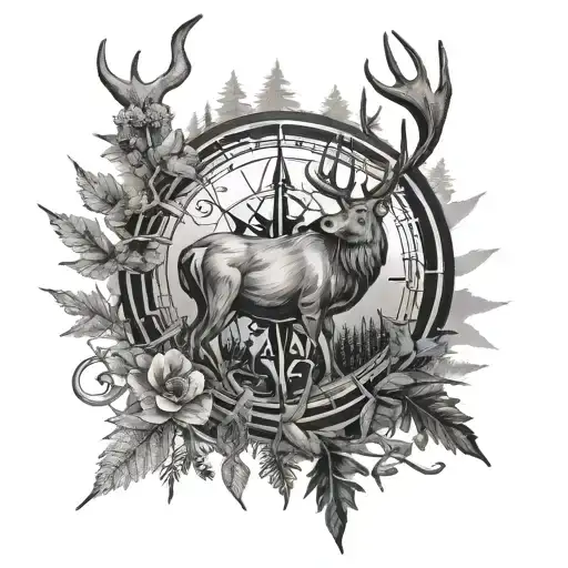 forest and compass and deer tattoo design idea