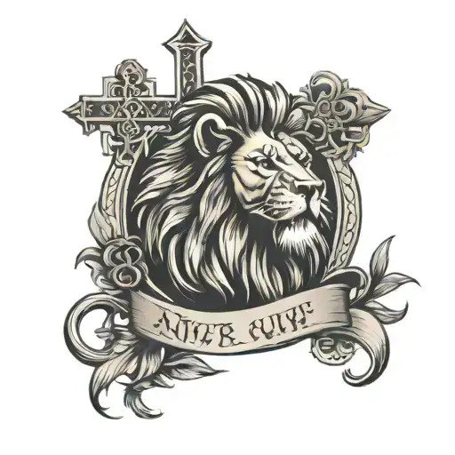 Lion & cross with Never give up and tribute to my dad tattoo design idea