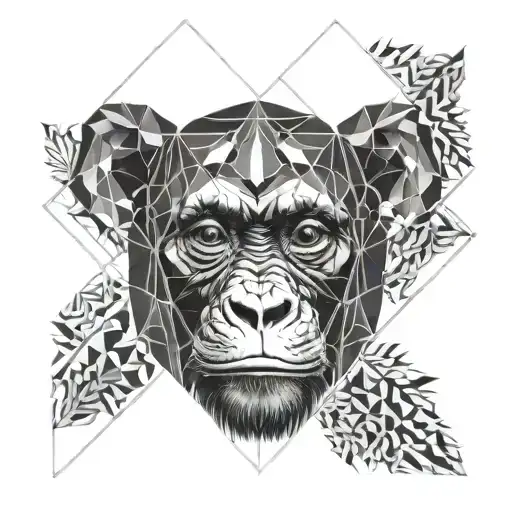 female bonobo face half real half geometric  tattoo design idea