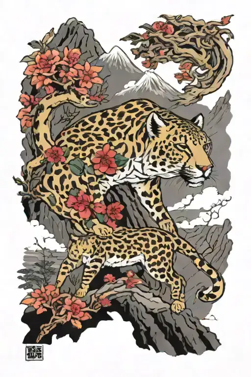 Nanda devi peak with snow leopard and ibex stands tattoo design idea