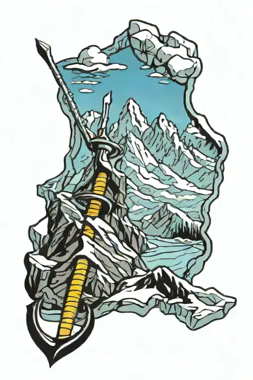mountain range with mountaineering ice axe tattoo design idea