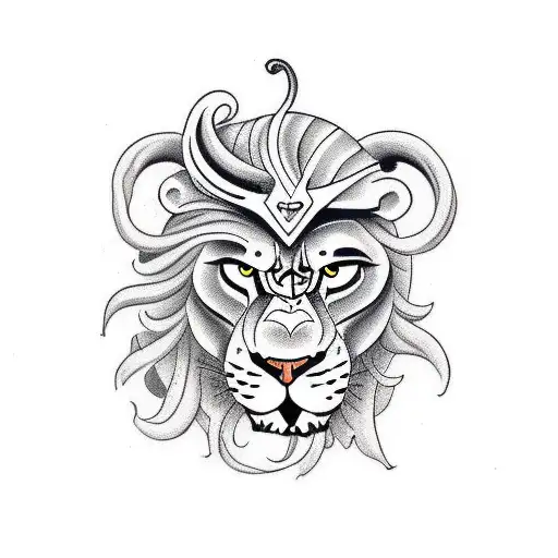 lion with a dead snake in the style of Dave quiggle  tattoo design idea