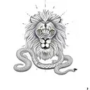 lion with a dead snake in the style of Dave quiggle  tattoo design idea