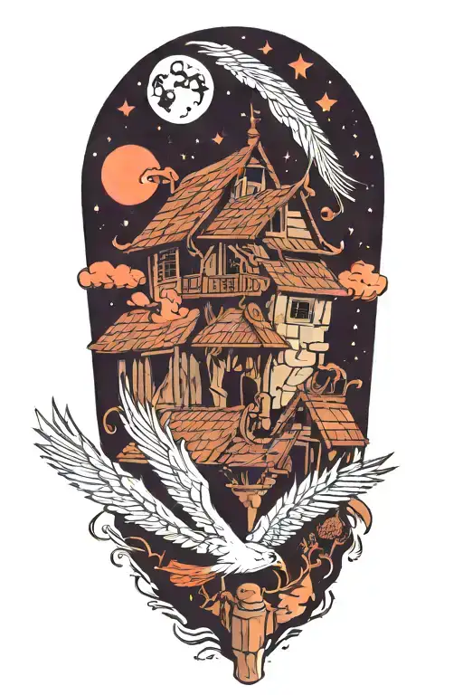 traditional lebanese house with a phenix bursting through the roof. The sky is at night with a moon and a flying comet tattoo design idea