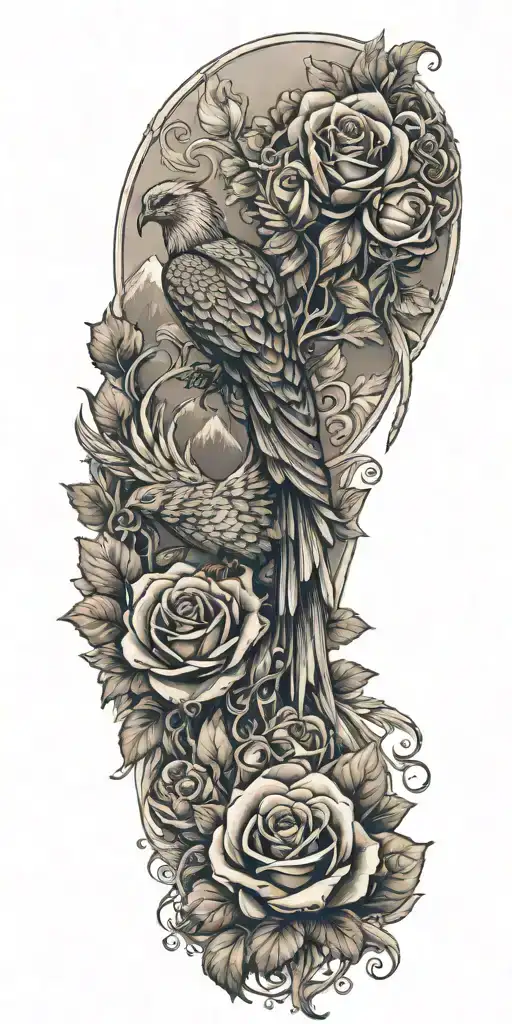 Roses and a Phoenix with a cascade and mountains tattoo design idea