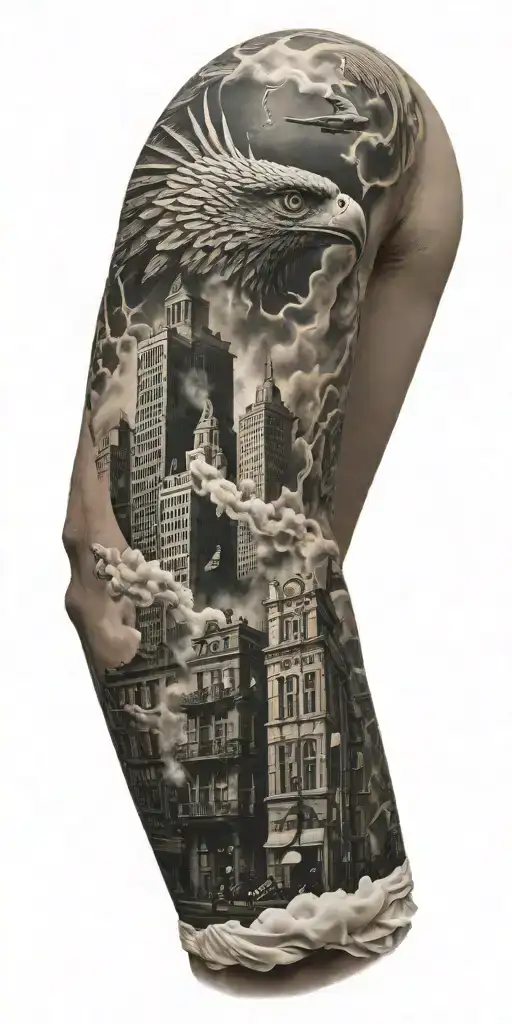 some feathers, buildings, all represented in smoke, with a lot of shades tattoo design idea