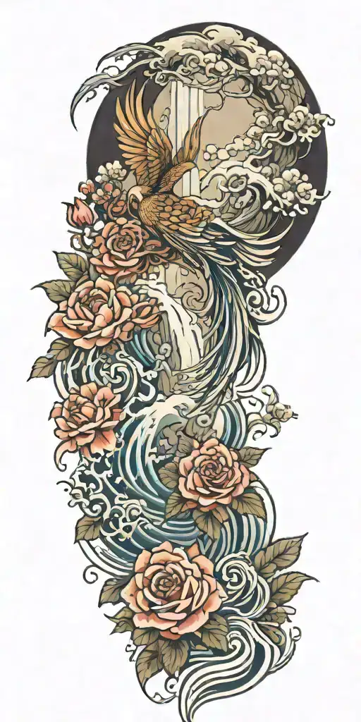 Roses and a Phoenix with a waterfall and mountains tattoo design idea