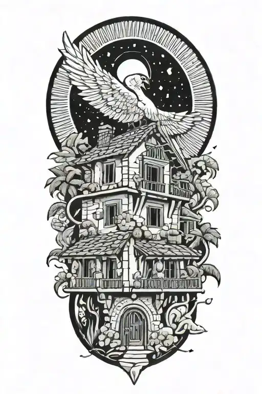 traditional lebanese house with a phenix bursting out of the roof, including also a moon in the sky and comet  tattoo design idea