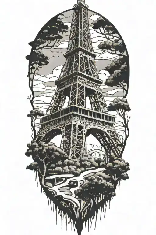 The Eiffel Tower intertwined with Lebanese cedar trees tattoo design idea