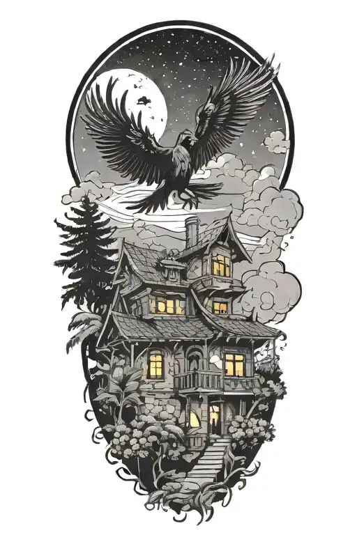 traditional lebanese house with a phenix bursting through the roof. The sky is at night with a moon and a flying comet tattoo design idea