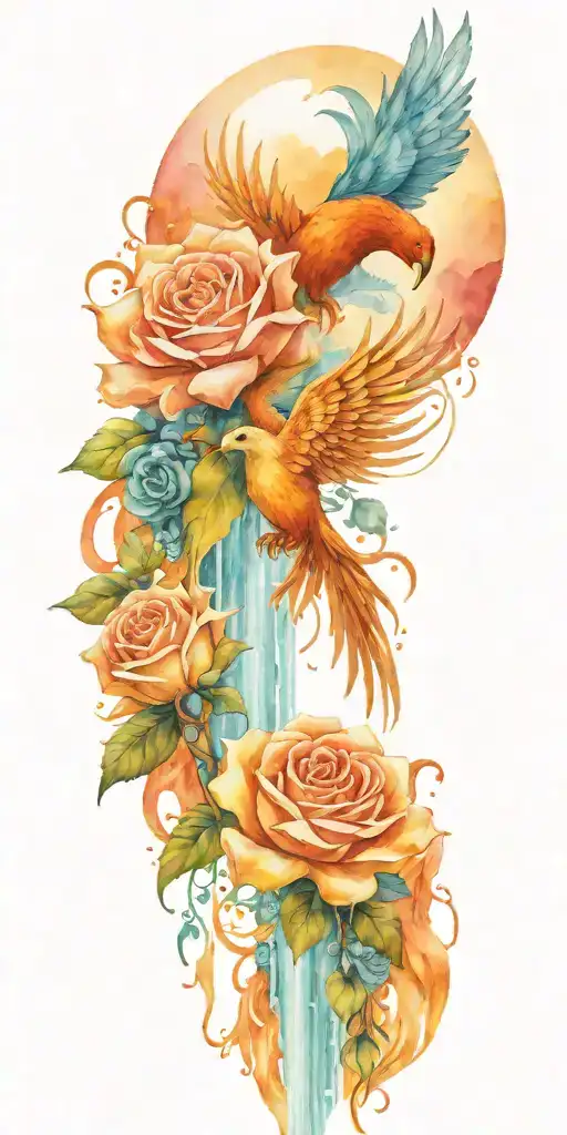 Roses and a Phoenix with a waterfall , fire and mountains tattoo design idea