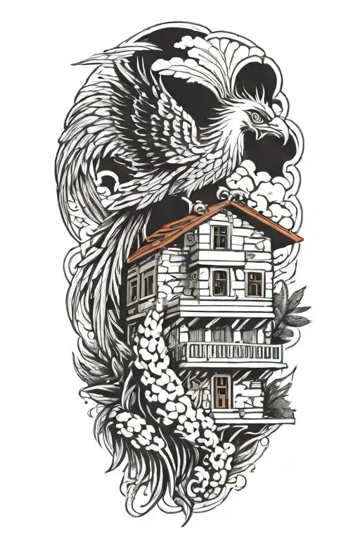 traditional lebanese house with a phenix bursting out of the roof tattoo design idea