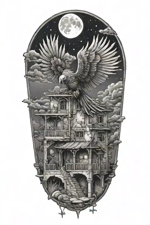 Phenix rebirth flying out through the roof of a lebanese traditional house under the moon tattoo design idea