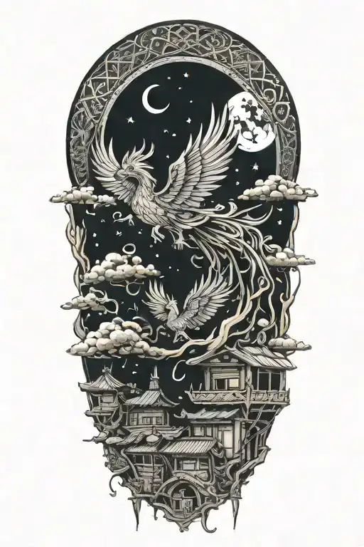 Phenix rebirth flying out through the roof of a lebanese traditional house under the moon tattoo design idea