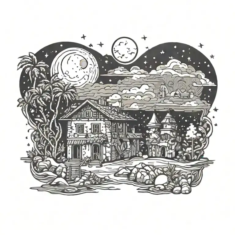 traditional lebanese house with a moon and a comet in the the sky tattoo design idea