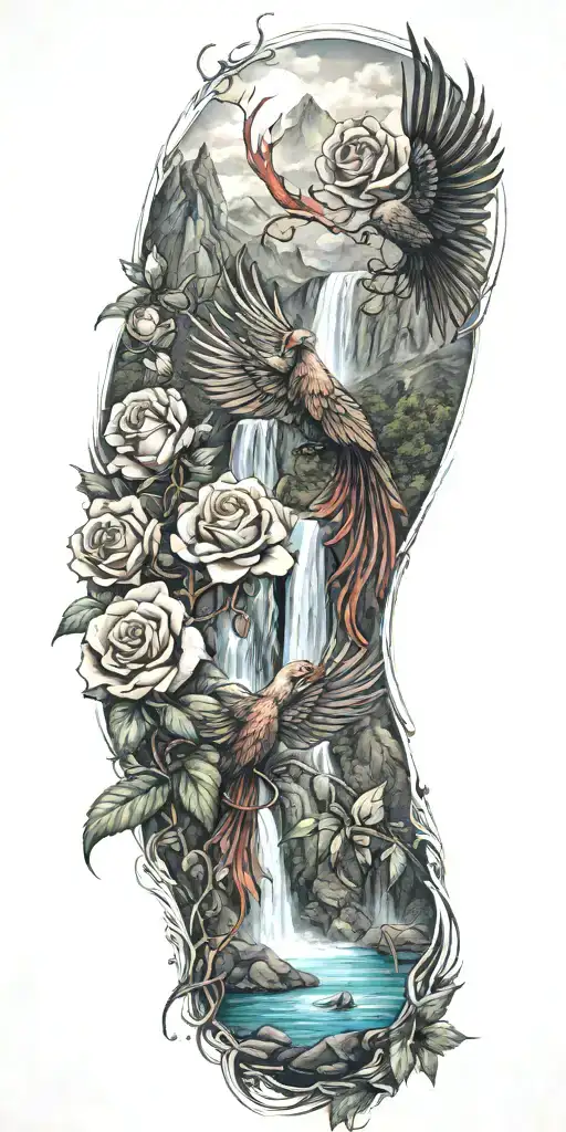 Roses and a Phoenix with a waterfall and mountains tattoo design idea