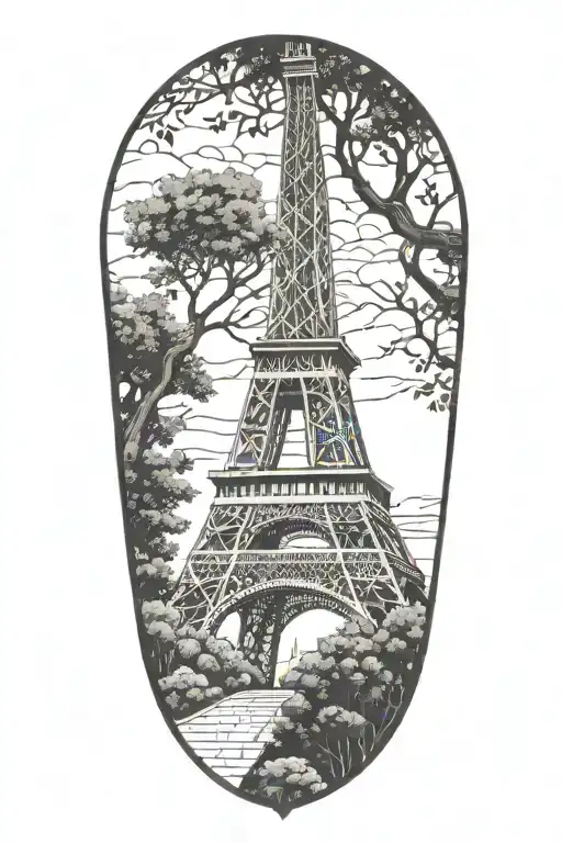 The Eiffel Tower intertwined with Lebanese cedar trees tattoo design idea